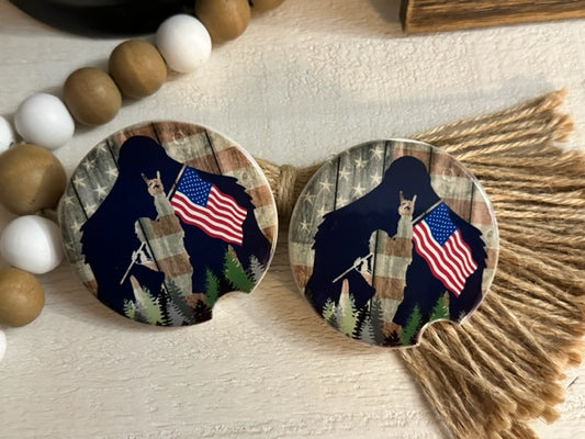 Bigfoot & Flag Ceramic Car Coaster Set