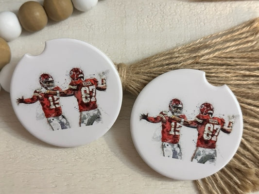 Mahomes & Kelce KC Chiefs Football Ceramic Car Coaster Set