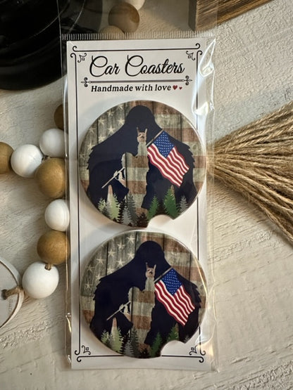 Bigfoot & Flag Ceramic Car Coaster Set