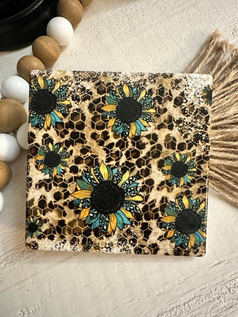 Sunflowers & Leopard Rustic Ceramic Coaster