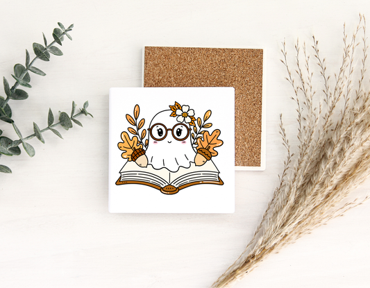 Retro Fall Bookish Ghost Ceramic Coaster