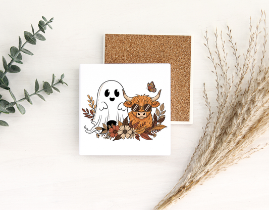 Retro Fall Ghost & Highland Cow Ghost Ceramic Coaster