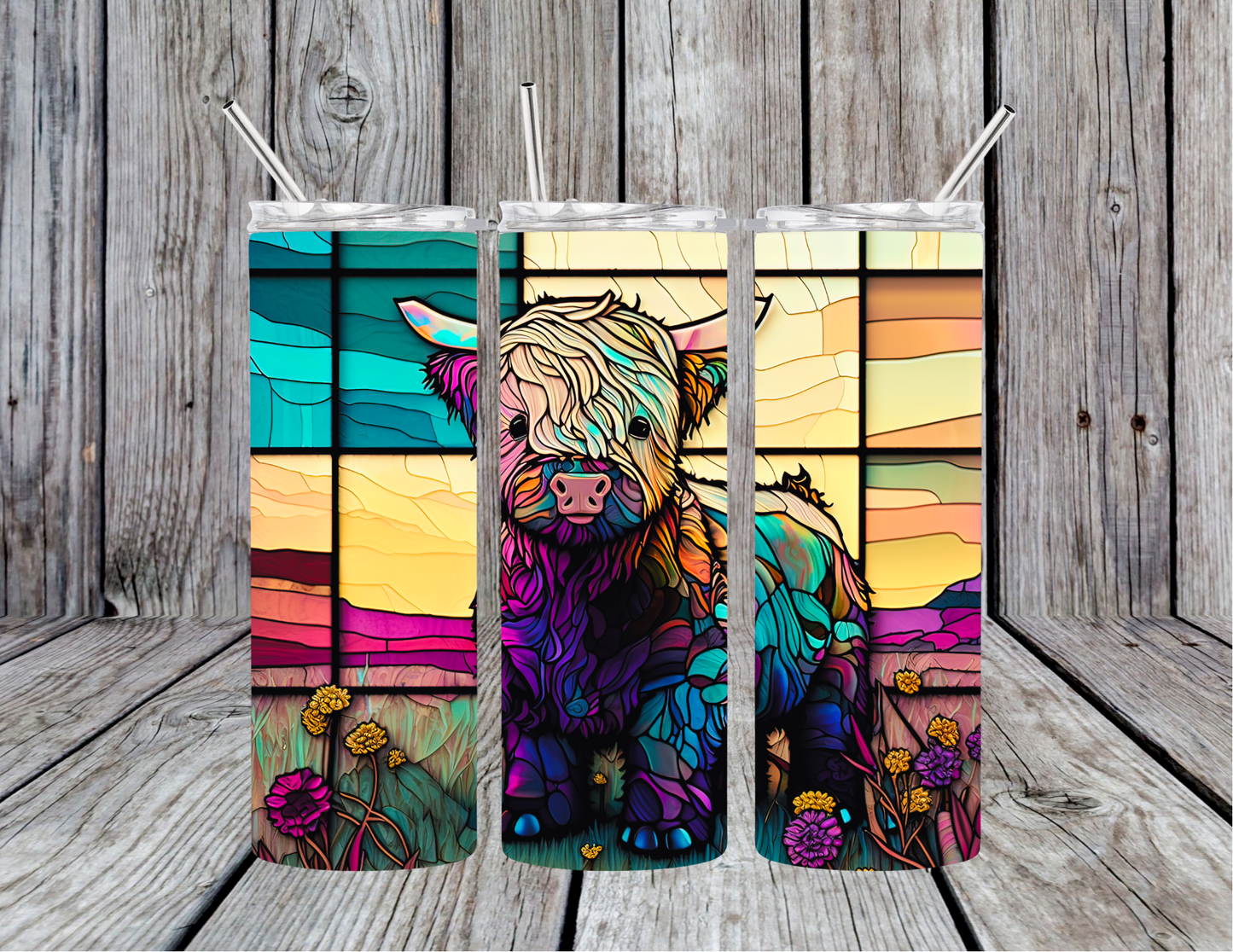 Stained Glass Highland Cow 20oz Skinny Tumbler