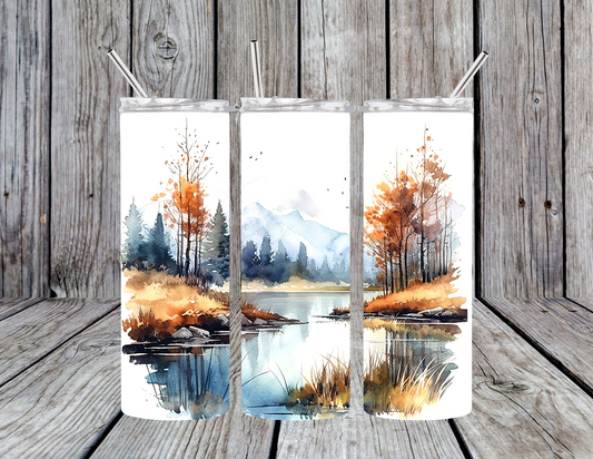 Fall Lake watercolor 20oz Skinny Tumbler