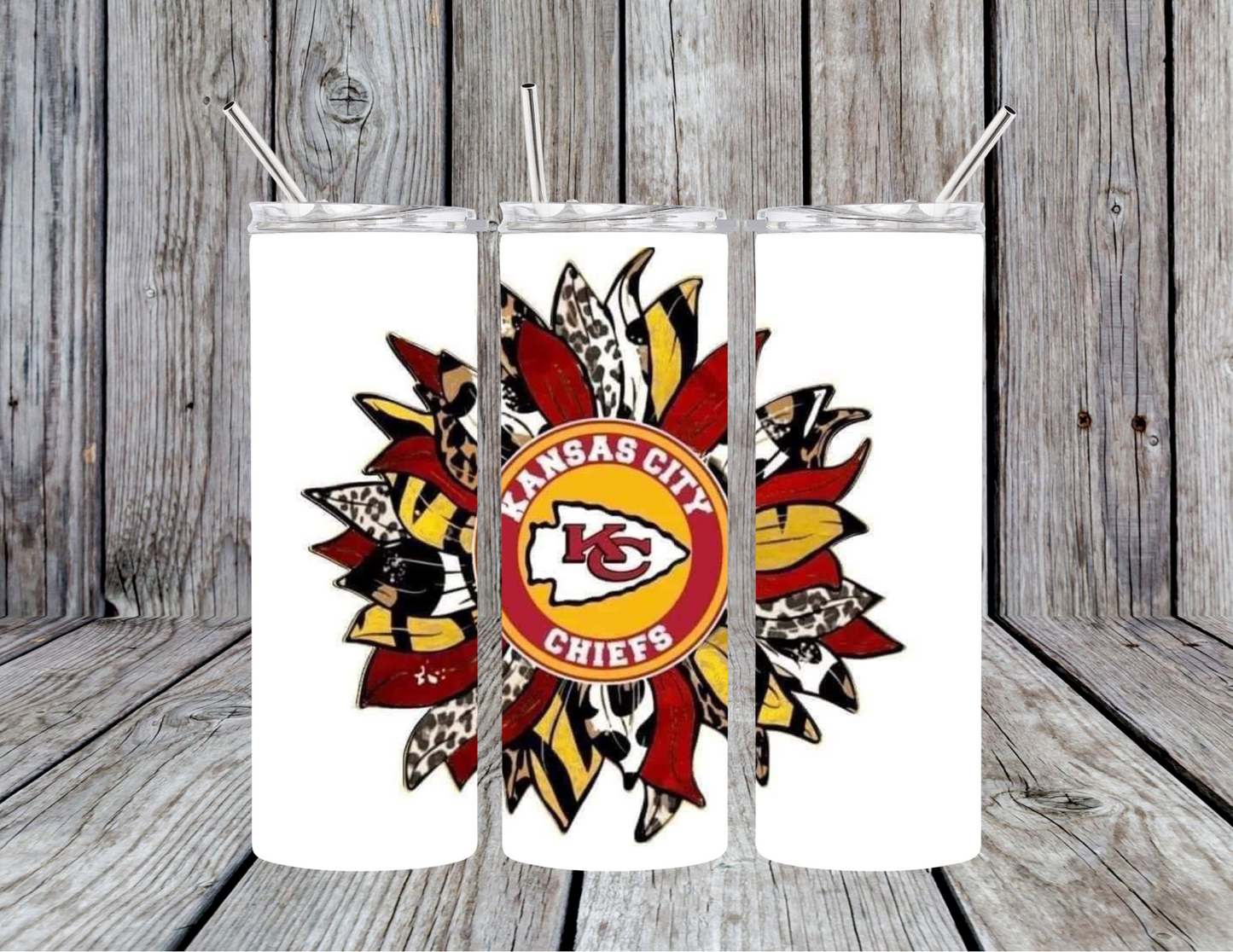 KC Chiefs Leopard Sunflower 20oz Skinny Tumbler