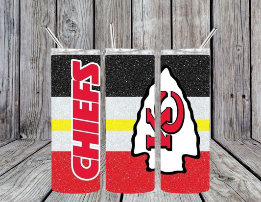 KC Chiefs Football striped glitter 20oz Skinny Tumbler