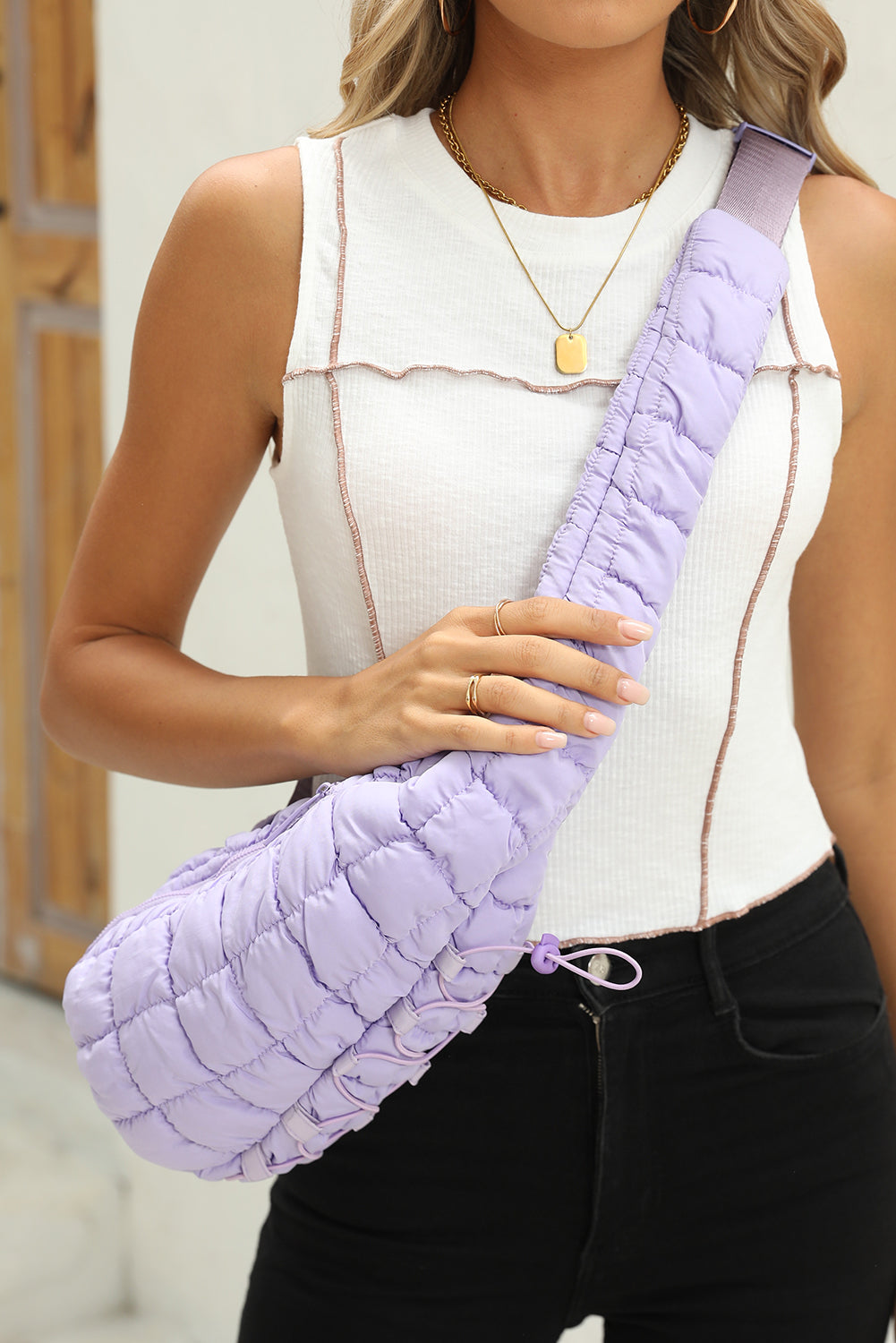Wisteria Marshmallow Quilted Drawstring Crossbody Bag
