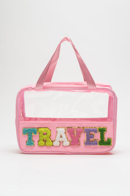 Pink Purple TRAVEL Chenille Letter Clear PVC Makeup Bag
