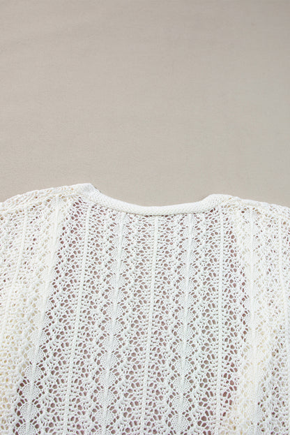 White Hollow Out Crochet Knit Drop Shoulder Open Front Cardigan