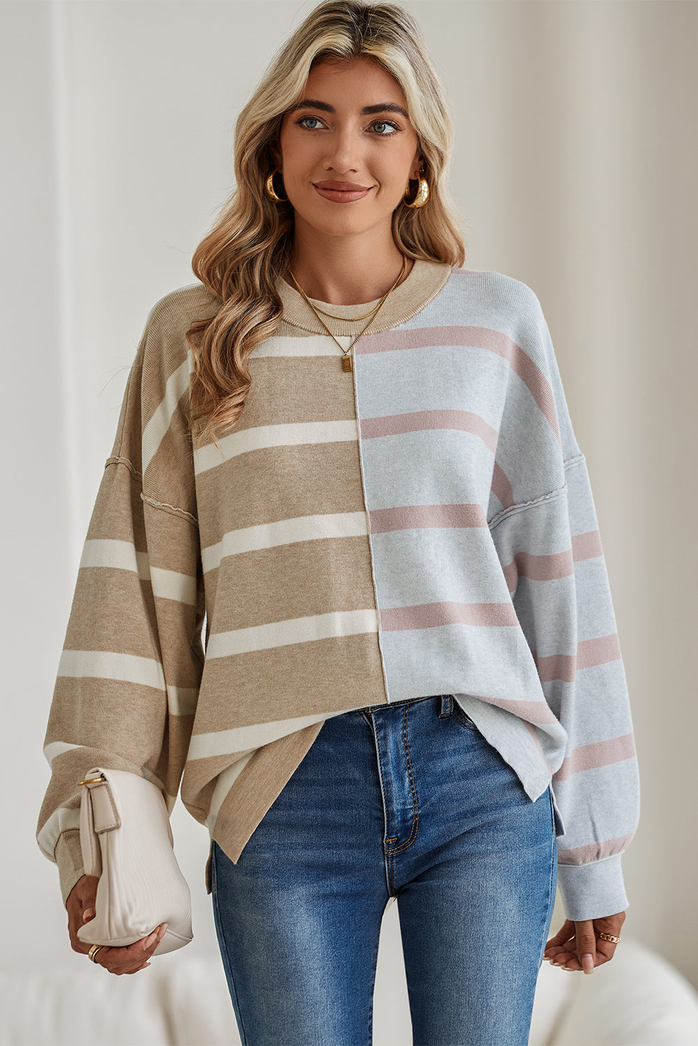 Pink Striped Colorblock Drop Shoulder Sweater