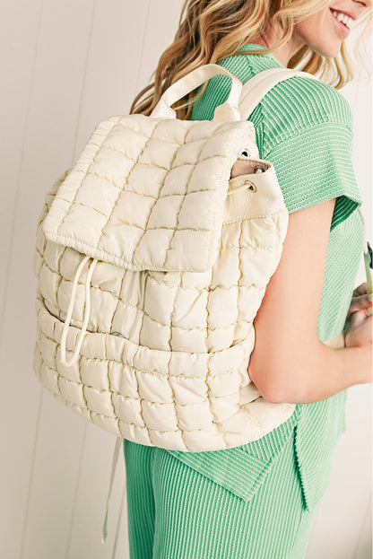 White Solid Flapped Quilted Puffer Backpack