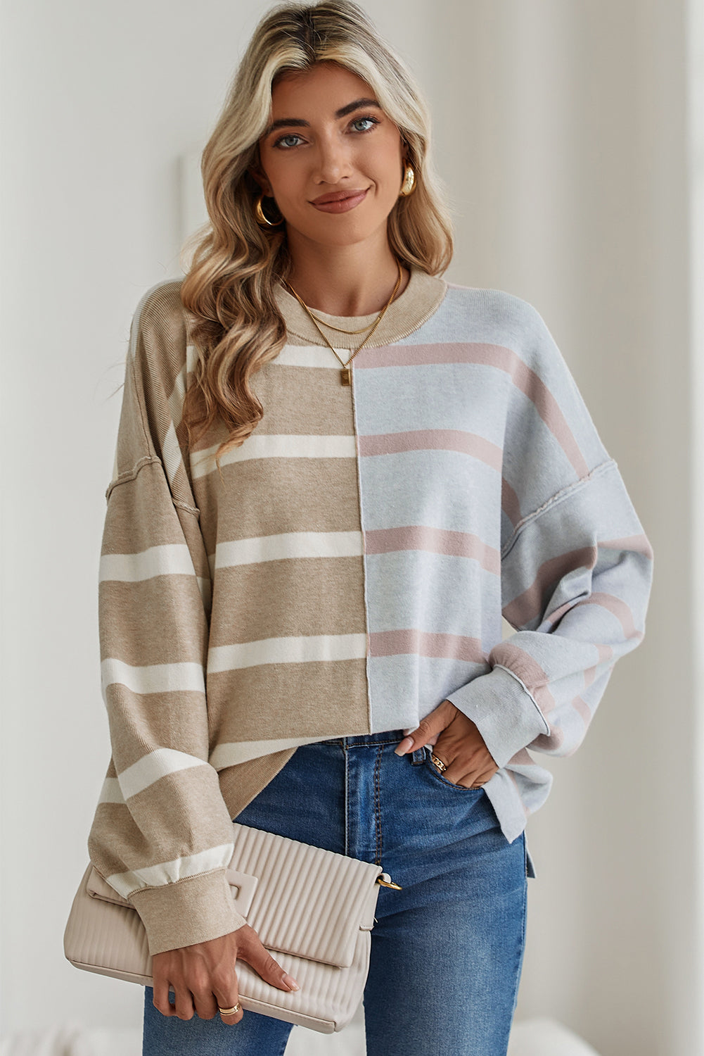 Pink Striped Colorblock Drop Shoulder Sweater