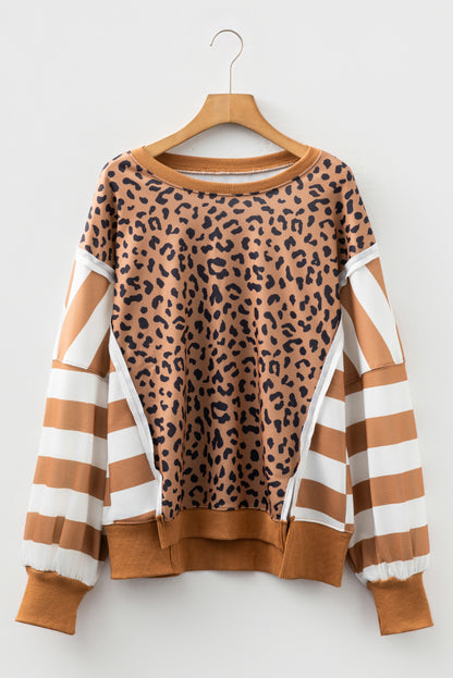 Khaki Striped Leopard Colorblock Side Slits Sweatshirt