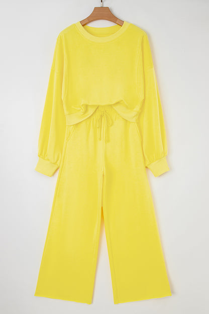 Mist Blue Drop Shoulder Crop Pullover Drawstring Wide Leg Pants Set