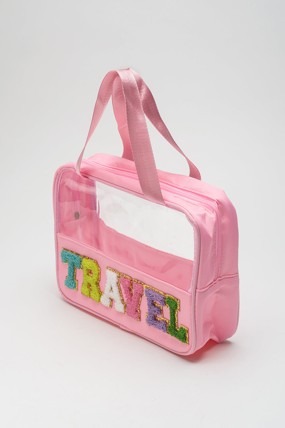 Pink Purple TRAVEL Chenille Letter Clear PVC Makeup Bag