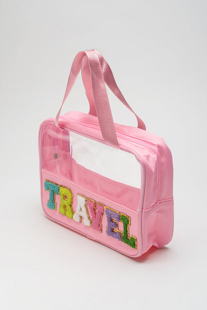 Pink Purple TRAVEL Chenille Letter Clear PVC Makeup Bag