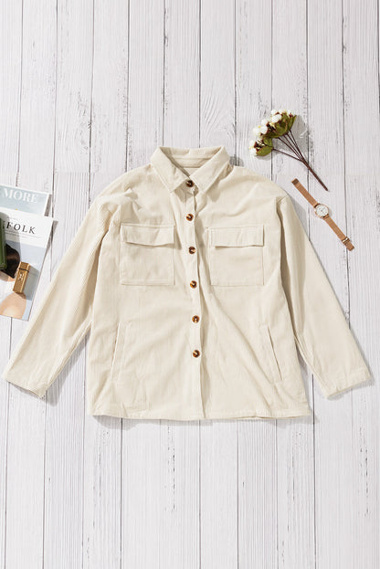 Beige Button Up Patch Pocket Corduroy Shacket