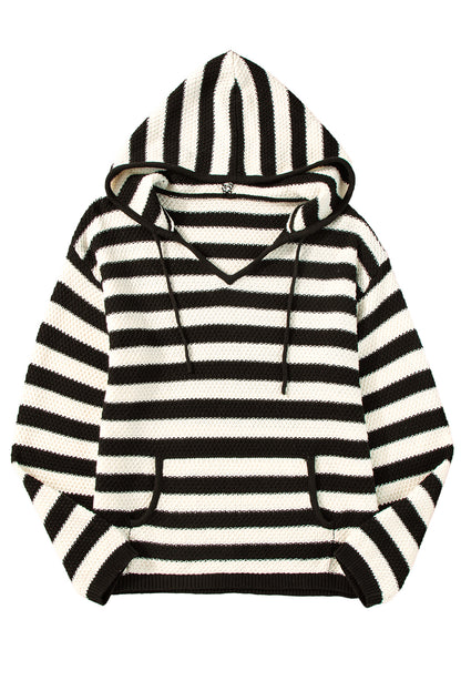 White Striped Kangaroo Pocket Hooded Sweater