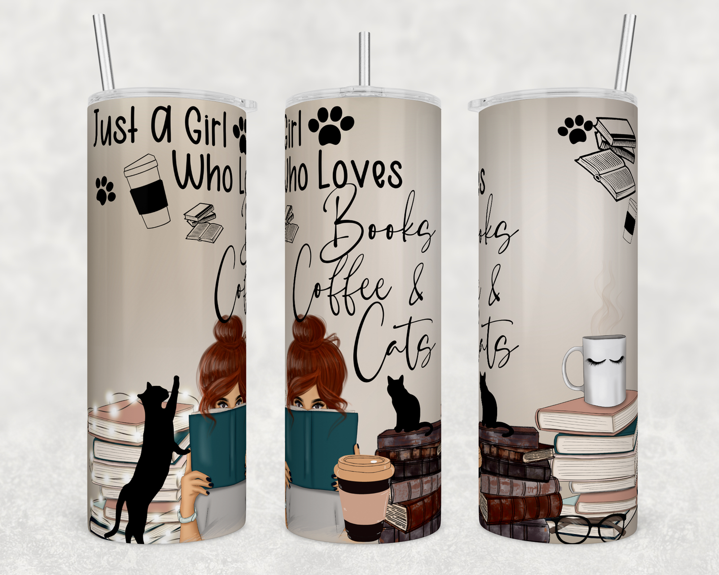 Just A Girl Who Loves Books Coffee Cats 20oz Skinny Tumbler