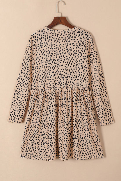 Brown Casual Crew Neck Long Sleeve Leopard Print Dress