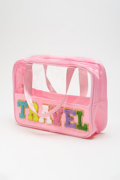 Pink Purple TRAVEL Chenille Letter Clear PVC Makeup Bag