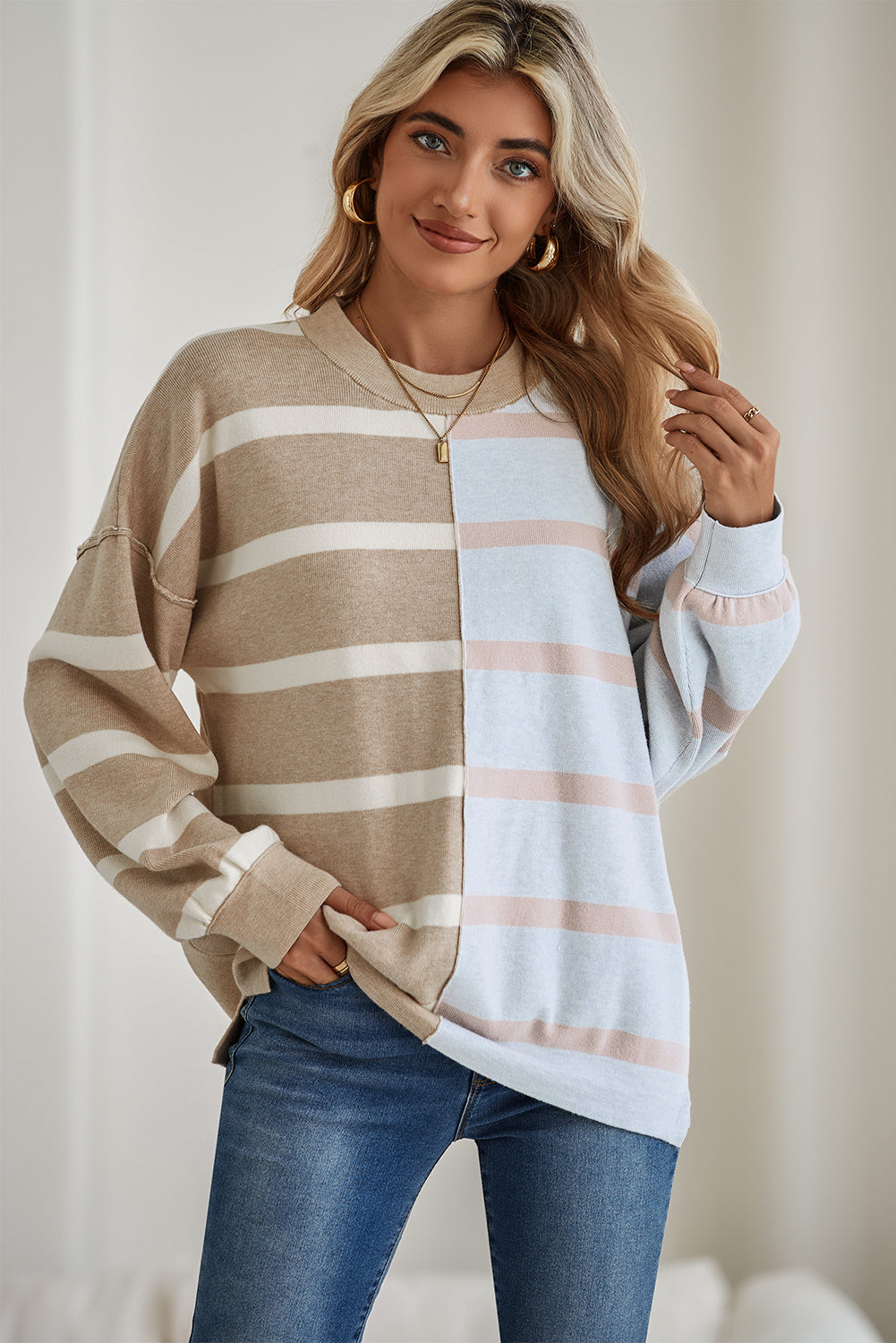 Pink Striped Colorblock Drop Shoulder Sweater
