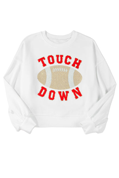 White TOUCH DOWN Rugby Graphic Pullover Sweatshirt