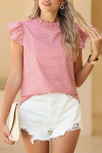 Pink Polka Dot Frilled Neck Ruffle Trim Blouse