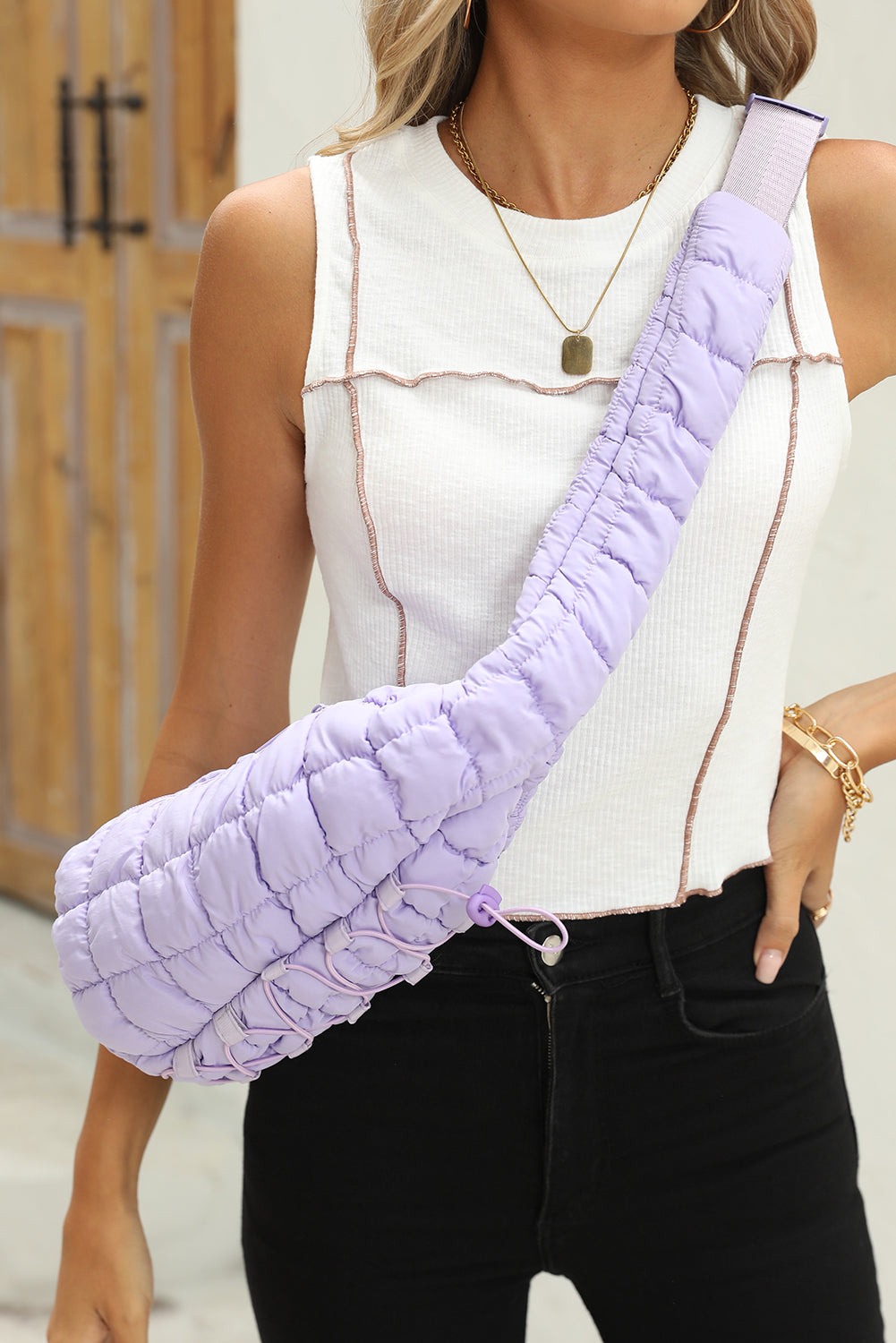 Wisteria Marshmallow Quilted Drawstring Crossbody Bag