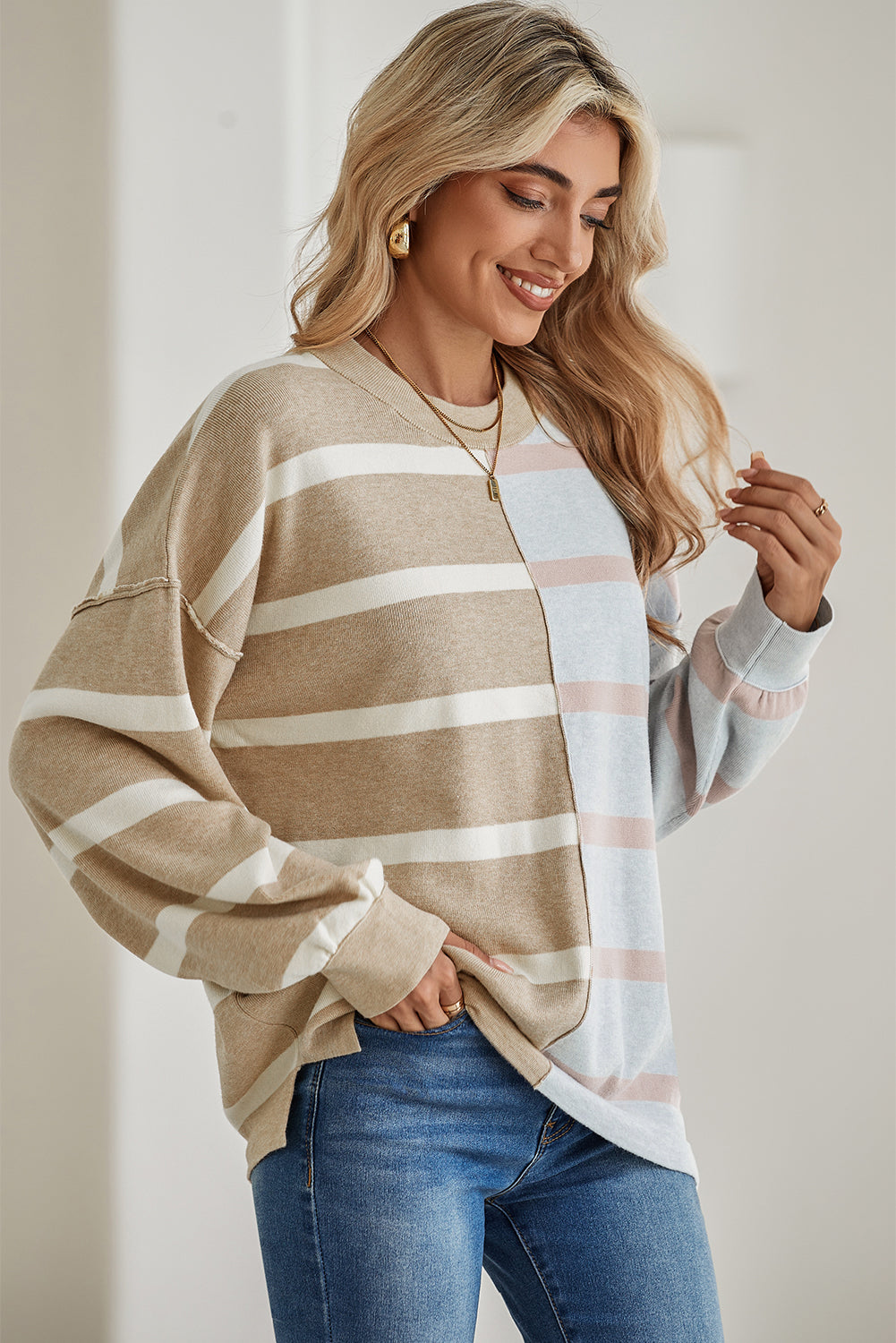 Pink Striped Colorblock Drop Shoulder Sweater