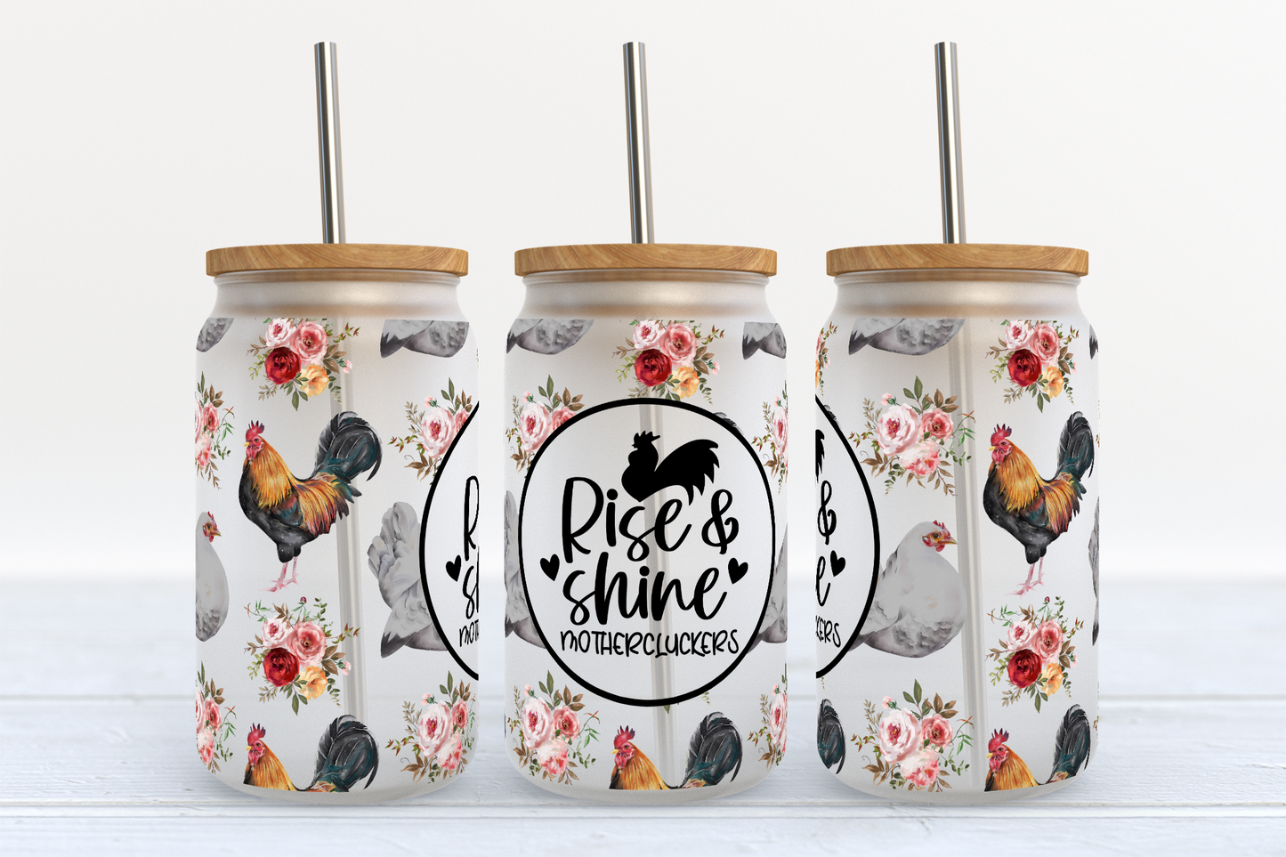 Rise & Shine Mother Cluckers Chickens 16 oz Frosted Glass Libbey