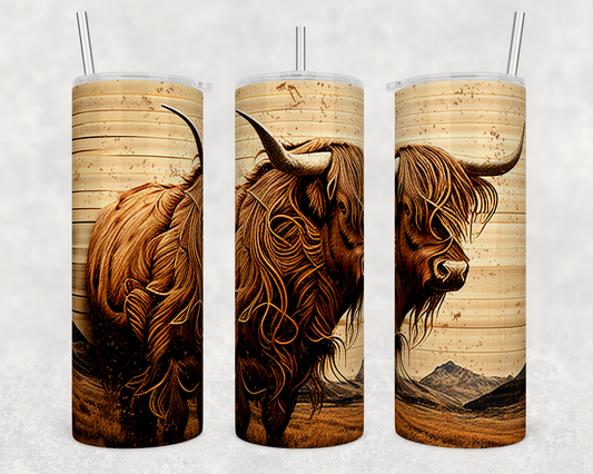 Woodgrain Highland Cow - Western 20oz Skinny Tumbler